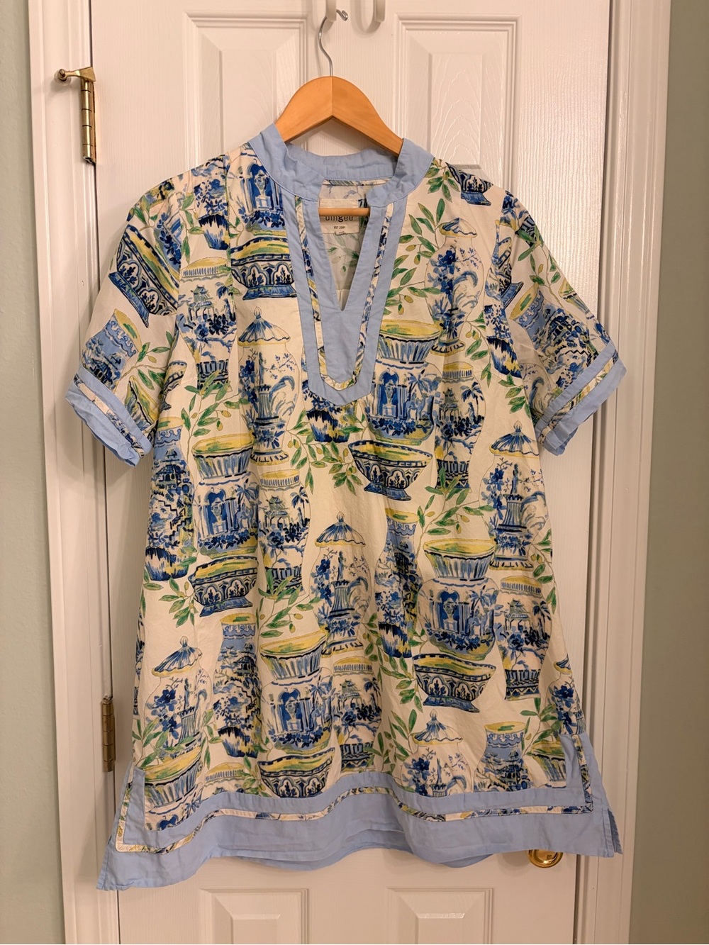 Umgee Grandmilennial Cream Mini Dress with Blue & Green Toile Print L